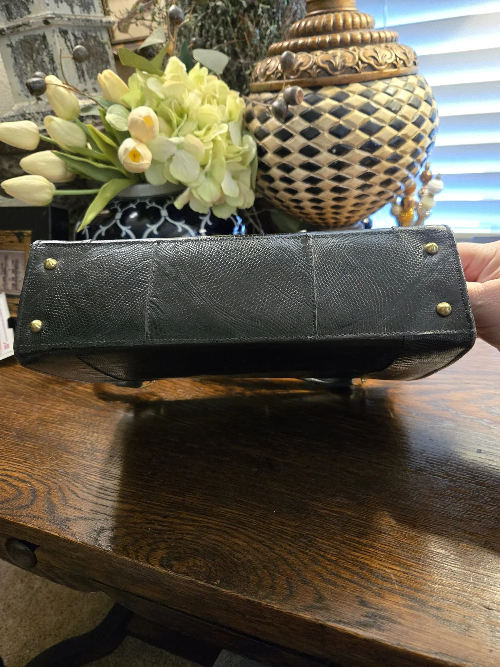Black Alligator-Embossed Evening Clutch From 50s To 60s with Gold Frame